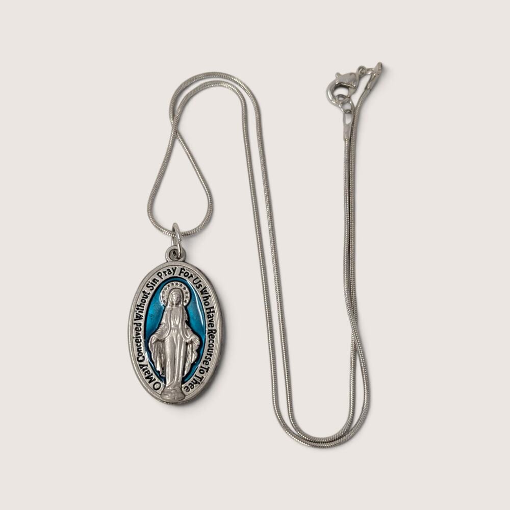 Vintage Miraculous Medal Necklace Blue Enamel Virgin Mary Pendant Chain